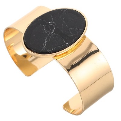 Minimalist Gold Cuff Bracelet with Black Veined Oval Stone, Open Bangle for