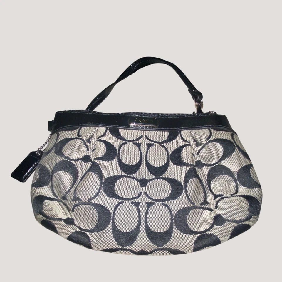 Coach Signature Black Gray Wristlet Wallet Compact Light Blue Interior - Image 4 of 4