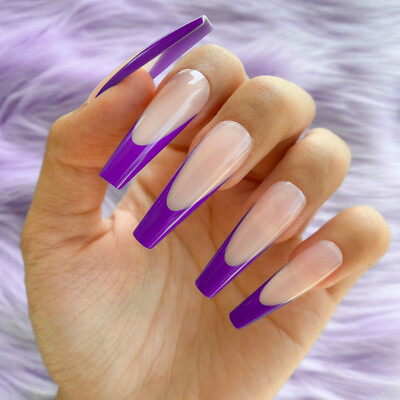 French Purple Long Coffin Press On Nails - Glue On False Set - 24 piece Kit