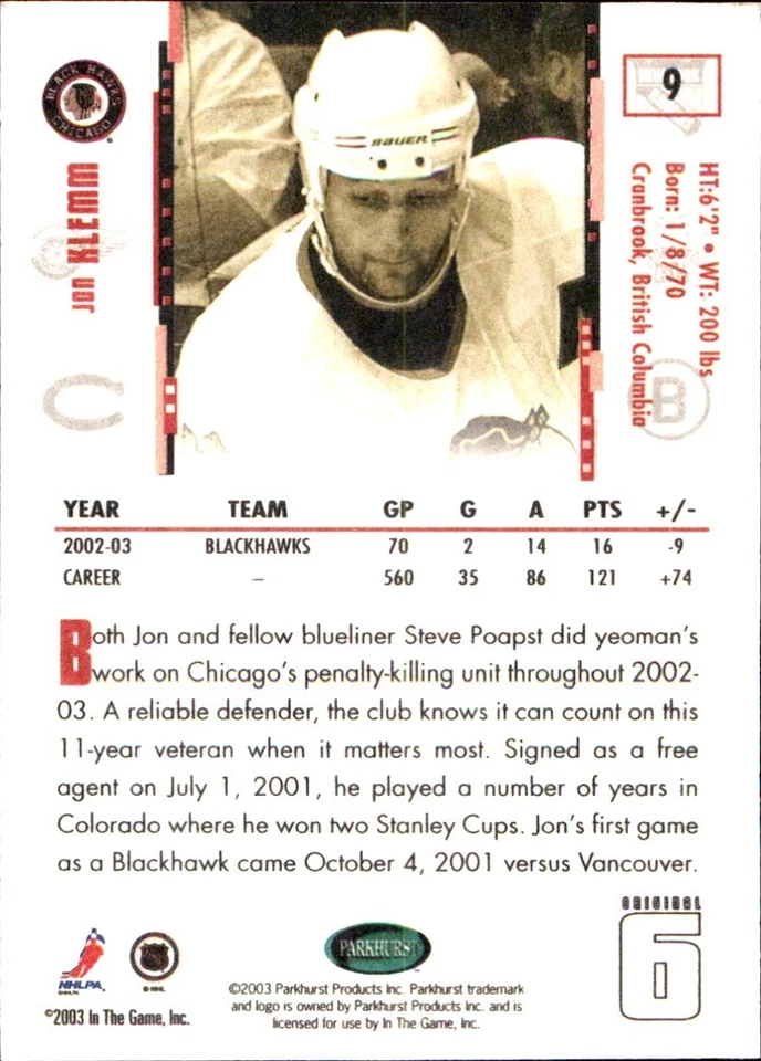 2003-04 Parkhurst Original Six CHICAGO BLACKHAWKS #9 Jon Klemm - Image 2 of 2