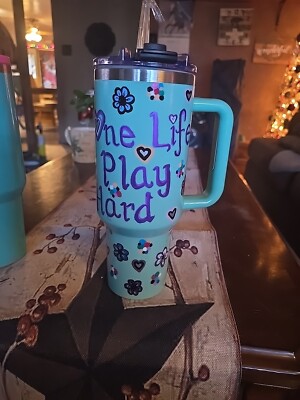 40 Oz Tumbler  ONE LIFE PLAY HARD Hearts Flowers Dots Hand Painted  NEW & UNIQUE