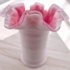 VTG Fenton Ribbed Opaques Pink White Glass Vase  Clear Crest Ruffled Edge 5.25”