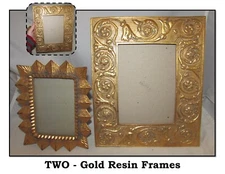 2 -  Gold Metallic Resin Tabletop Picture Frames, Sunburst & Art Nouveau Style