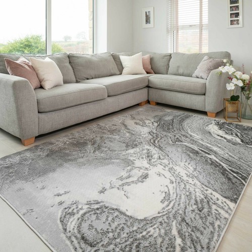 Grey Marble Effect Rugs Swirl Textured Soft Living Room Rug Designer Runner Mat - Picture 1 of 18