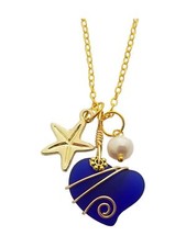 Hawaiian Jewelry Sea Glass Necklace, Gold Wire Wrapped Cobalt Heart Necklace,