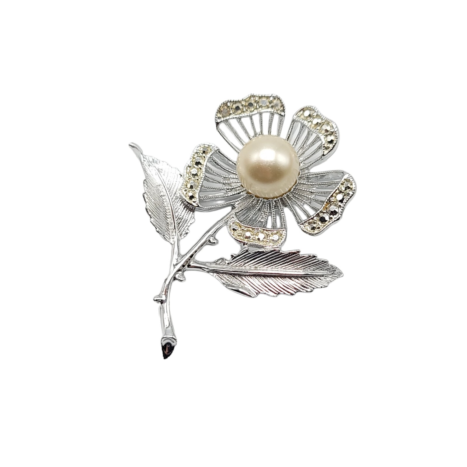 NOCTURNE PIN Flower BROOCH Vintage SARAH COVENTRY Faux Pearl Rhinestones ST
