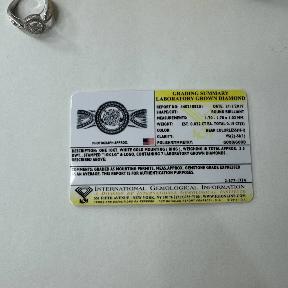 Anillo de compromiso de diamantes cultivados en laboratorio de oro blanco de 10 quilates (claridad-VS2/SI1, color H-I Foto 3 de 4