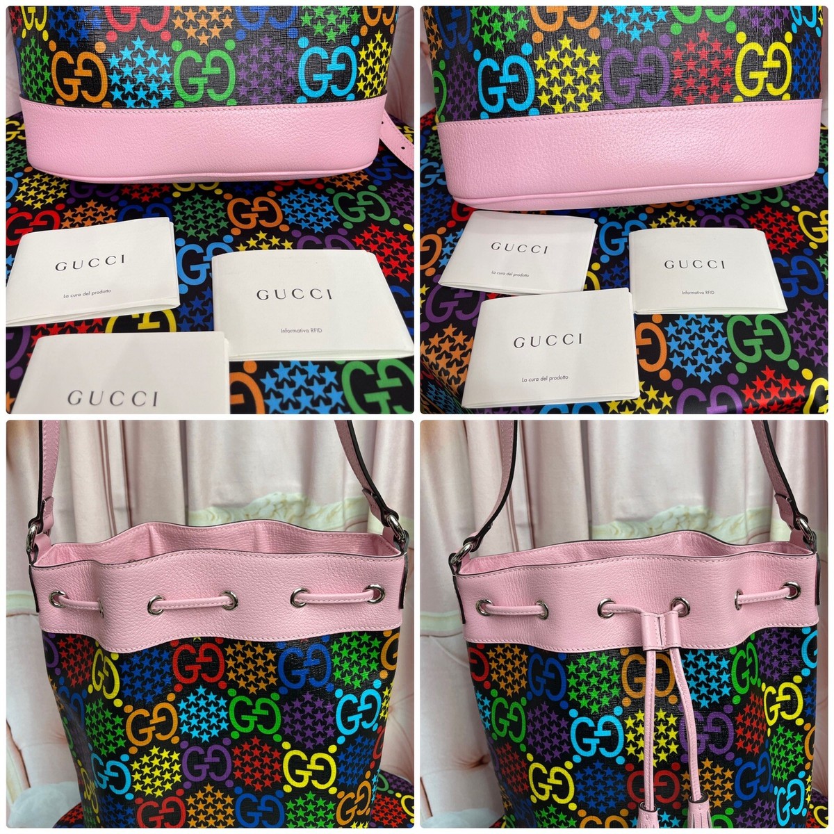 Gucci multicolor Bucket Bag- Authentic GUCCI Capri Striped Drawstring Woven fabric Bucket Backpack  main image 4