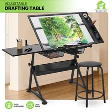 53" Drafting Table Adjustable Tempered Glass Craft Drawing Work Station w/Stool