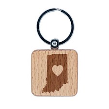 Indiana State with Heart Engraved Wood Square Keychain Tag Charm
