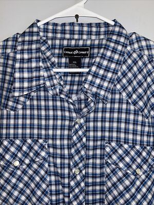 Casual Country Shirt Men s XXL Pearl Snap Blue Plaid Button Up Short Sleeve