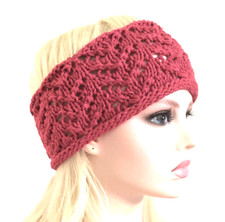Pink Headband Ear Warmer New hand knitted Lace Pattern Cotton Blend