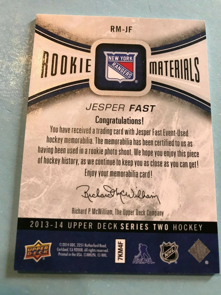 2013-14 Upper Deck "Rookie Materials" Jersey Card # RM-JF Jesper Fast RC! - Image 2 of 2
