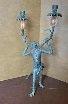 Amazing Vintage Bronze & Stone Monkey Candelabra / Candlestick!