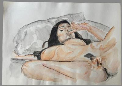 Fakhro Jamal, Aquarell auf Papier, weiblicher Akt, Erotik nude, 42 x 29,5 cm #4 - Bild 1 von 2