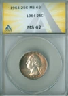 1964 WASHINGTON QUARTER ANACS MS62 TONED (2228725)