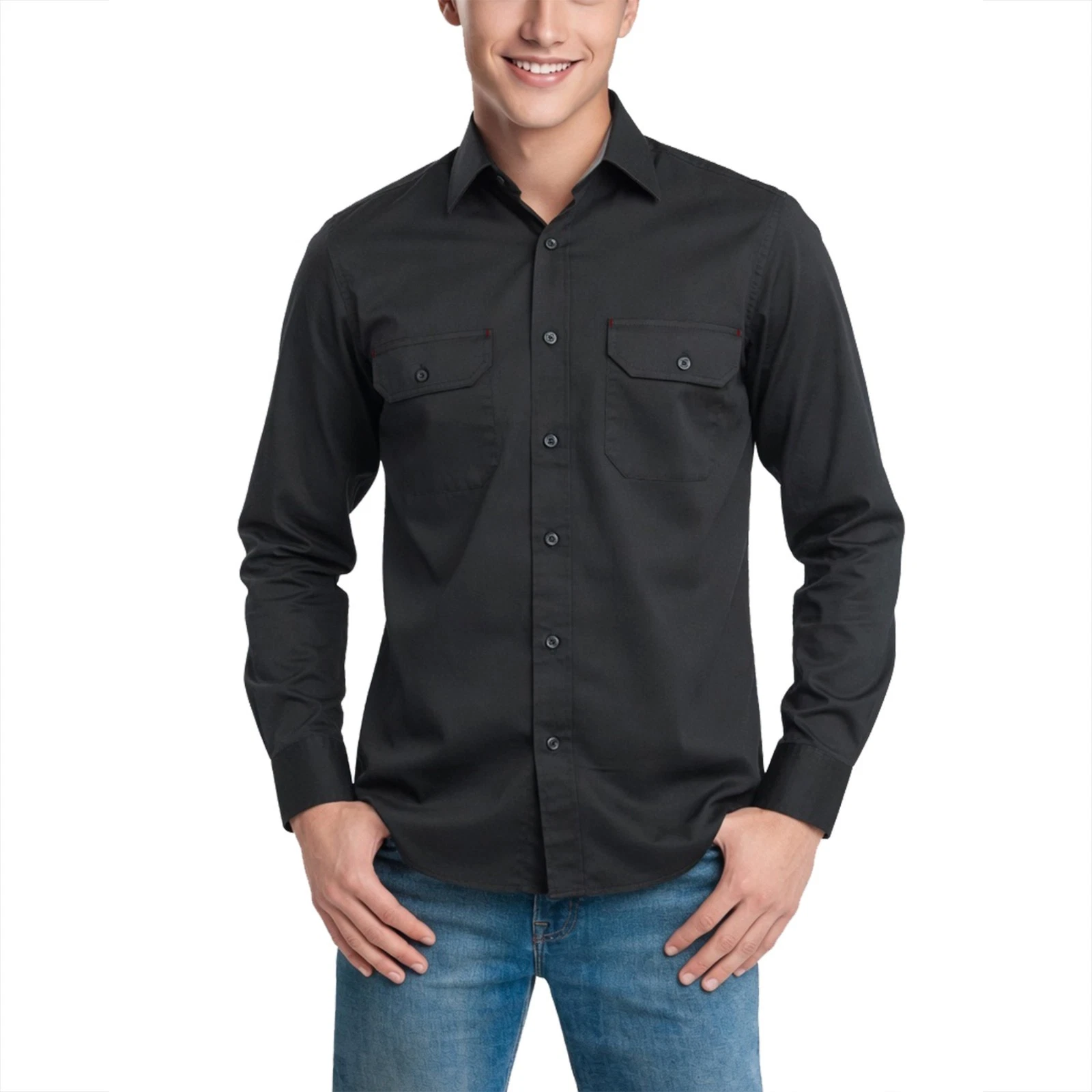 Men Black Shirt Utility Pockets Button Down Casual Outdoor Camping Hunting Dress