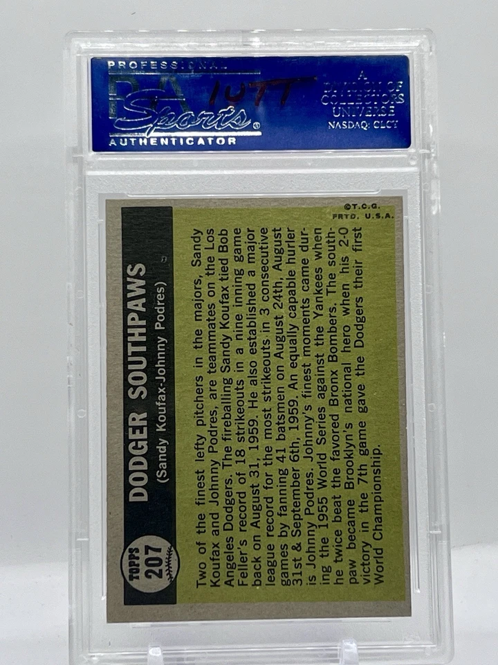 1961 Topps Dodger Southpaws Sandy Koufax / Johnny Podres PSA 8 #207 Dodgers HOF - Image 2 of 3