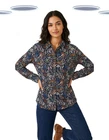 Ex White Stuff Women's Shirt - Long Sleeve Printed Jersey Woodland Navy (Defect)