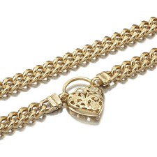 18K GL Solid Curb Chain Yellow Gold Necklace Filigree Heart Padlock