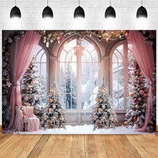 Winter Christmas Window Scene Backdrop Xmas Trees Gift Family Photo Background