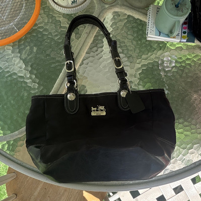 Coach Signature C Logo Zip Top Tote Handbag, Black/Brown, Medium