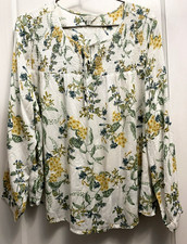 Lucky Brand Blouse Women's Size 1X Ivory Green Gold Floral Smocked Yoke Boho New