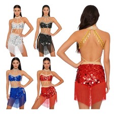 Womens Dress Tassels Dancewear Glittery Outfits Flamenco Crisscross Fringed