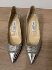 Jimmy Choo London Glitter Cap Toe Pumps Size 37 Silver Gold Kitten Heel Italy