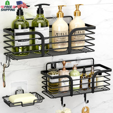Shower Caddy Organizer Wall Mounted Rustproof with Soap Holder Hooks Black