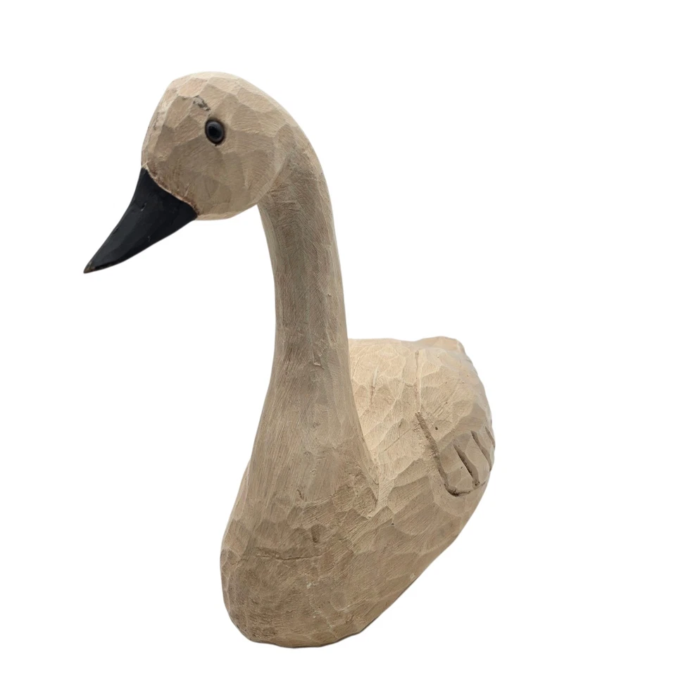 Vintage Primitive Folk Art Wood White  Hand-Carved Swan Decoy Sculpture TMC 1984 - Image 2 of 4