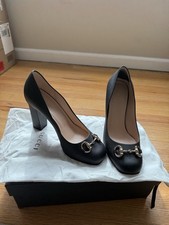 Gucci Black Leather Block Heel Pumps with Metal Hardware Horsebit Detail