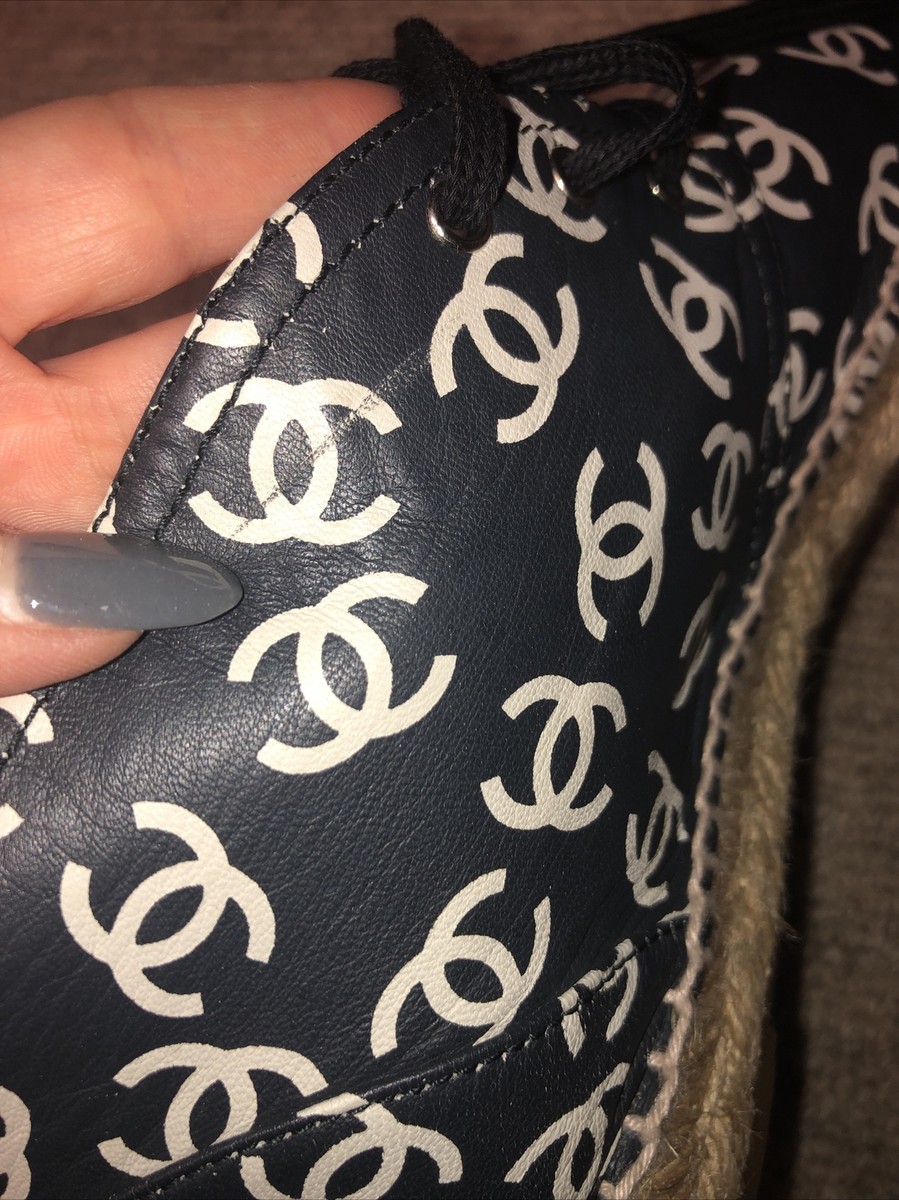 CHANEL Black White CC Logo Lamb High Top Espadrille 37 | eBay