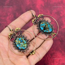 Oval Natural Copper Chrysocolla Dangling Designer Wire Wrapped Earrings Copper