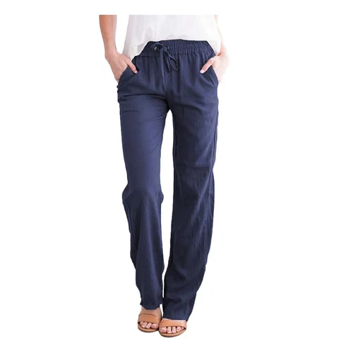 Damen Gerade Elastische Taille Hose Kordelzug Baumwolle Leinen Freizeit Lockere Hose - Bild 6 von 43