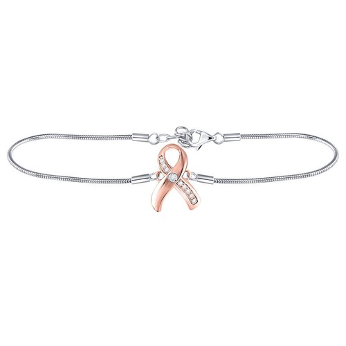 Sterling Silver Womens Diamond Pink Awareness Ribbon Fashion Bracelet 1/20 ctw - Picture 3 of 3