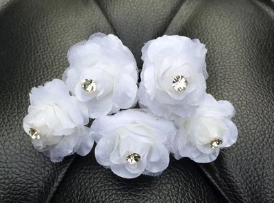 5 Bridal Wedding White Rose Flower And Clear Diamond Hair Pins