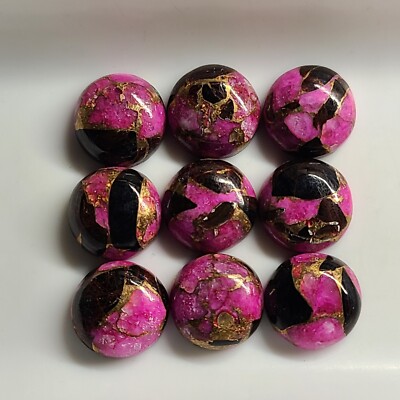 Pink & Black Copper Turquoise 14mm Flat Back Round Cabochon Gem(s)