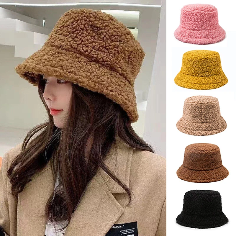 Women Winter Fleece Sherpa Bucket Hat Fisherman's Cap Faux Fur