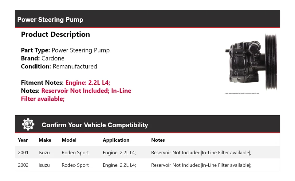 Bomba de dirección asistida Cardone Isuzu Rodeo Sport 2001-2002 2,2 L L4 Foto 2 de 4