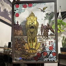 Handmade Stained Glass Lion Fantasy Art Nouveau Window Panel