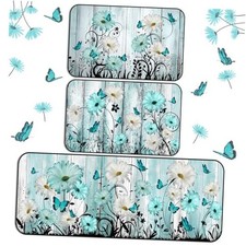 3 Pcs Kitchen Rugs and Mats Set Farmhouse Rustic Non Slip Rug Teal Daisy