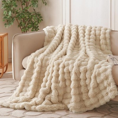 COOVA Faux Fur Throw Blanket 50x60 Cozy Plush Bubble Rabbit Fur Brown