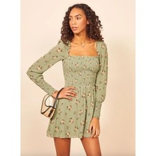Reformation Kelli Mini Dress Green Floral Rose Smocked Fairy Cottagecore Sz XL