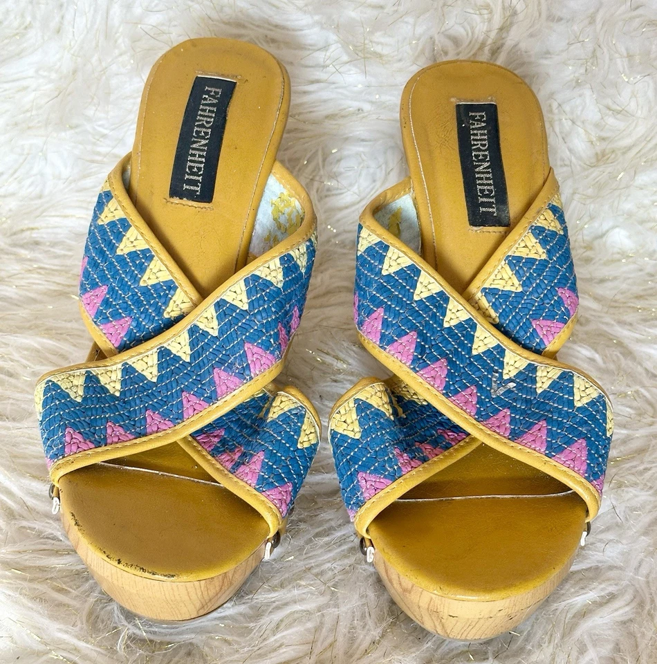 Винтажные сандалии на платформе на танкетке по Фаренгейту размер 10 деревянный каблук разноцветные племенные - Изображение 4 из 4