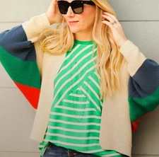 Cabi Womens Green White Striped Crew Neck Stretch Sleeveless Amelia Tank Top M