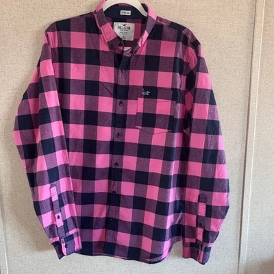 Hollister Epic Flex Stretch Plaid Button Down Shirt XL Pink Navy Casual Skater