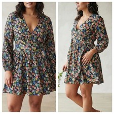 ASOS DESIGN Black Floral Wrap Mini Dress V-Neck Long Sleeve Tie Waist US 10
