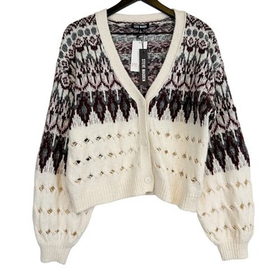 New Steve Madden Irisa Cardigan Fair Isle Sweater Cream - L
