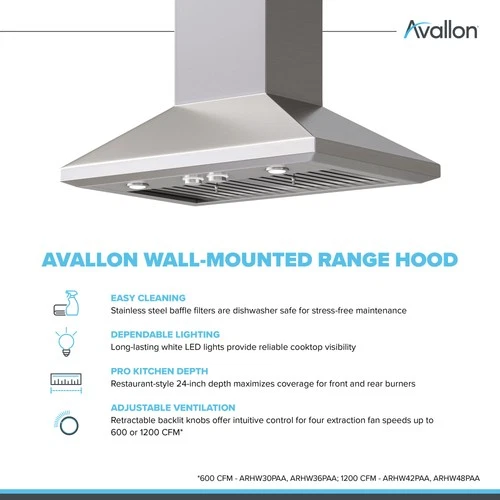 Avallon ARHW36PAB 205 - 600 CFM 36"W Wall Mounted Range Hood - Stainless Steel - Picture 2 of 8